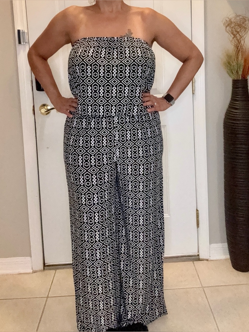 Strapless Wide-Leg Jumpsuit in Black & White Geometric Print
